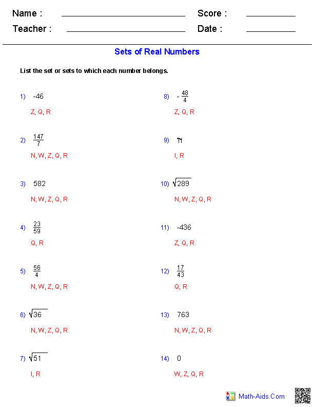 Identifying Number Sets Algebra 1 Worksheets