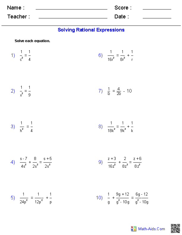 Algebra 1 Worksheets Rational Expressions Worksheets