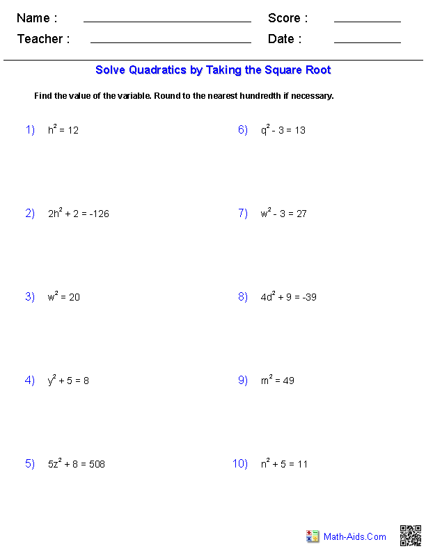 Solving Quadratic Equations With Square Roots Worksheet ...