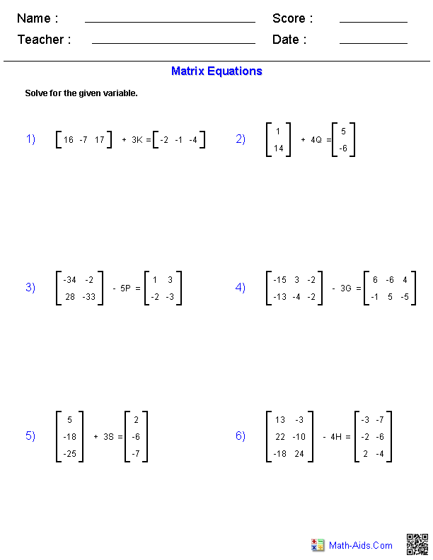 Matrix Equations Matrices Worksheets