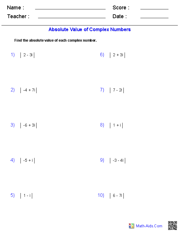 Algebra 2 Worksheets | Complex Numbers Worksheets