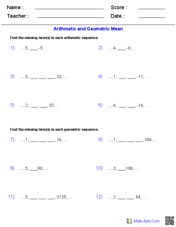 Algebra 2 Worksheets Sequences And Series Worksheets