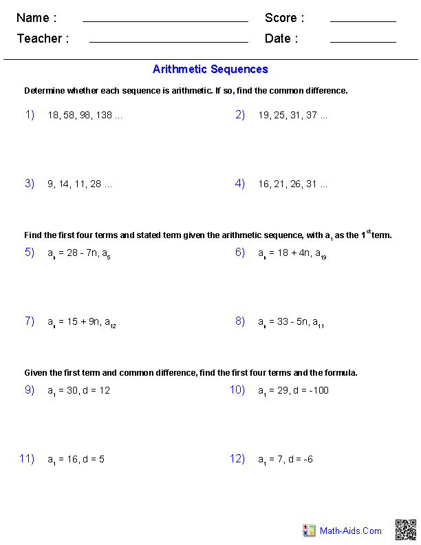 Arithmetic Sequences Series Worksheets