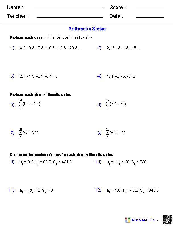 Arithmetic Series Series Worksheets