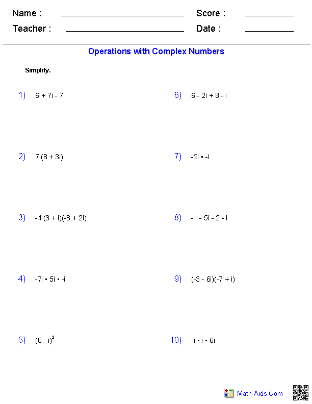 Multiplying Complex Numbers Practice Worksheet Answers