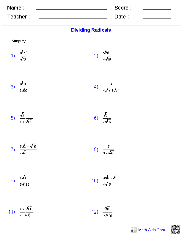 Algebra 2 Worksheets | Radical Functions Worksheets