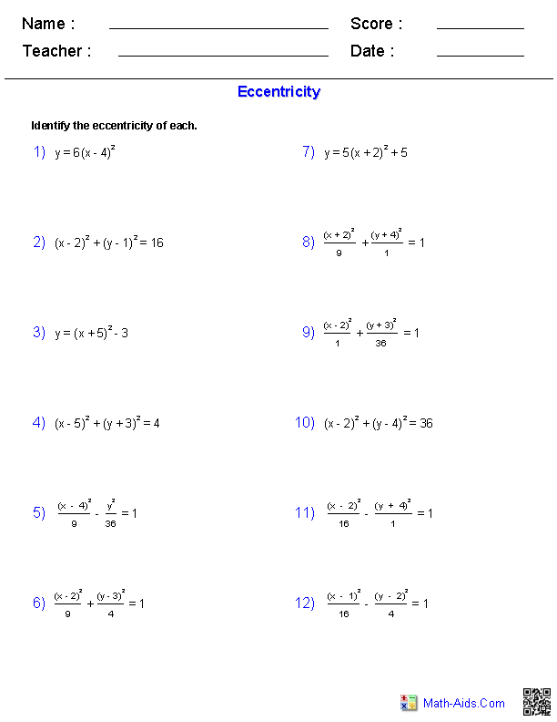 Eccentricity of a Conic Section Conic Sections Worksheets