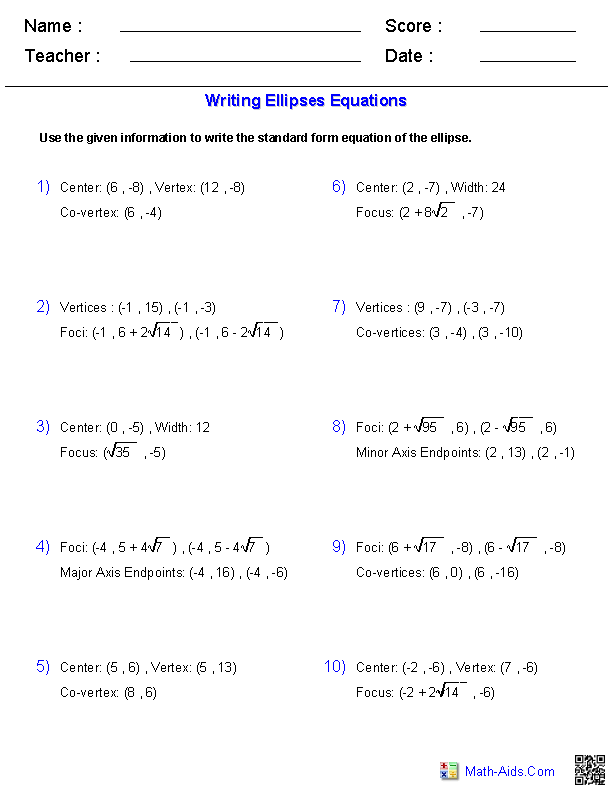 Writing Equations of Ellipses Conic Sections Worksheets