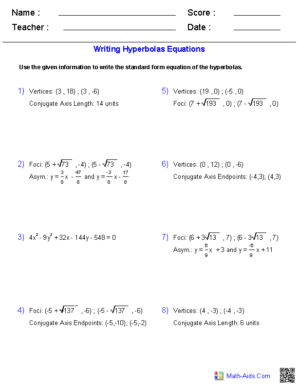 Writing Equations of Hyperbolas Conic Sections Worksheets