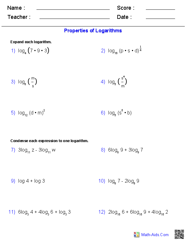 Properties of Logarithms Exponential Worksheets