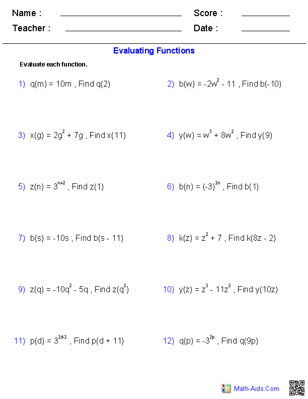Evaluating Single Functions Functions Worksheets