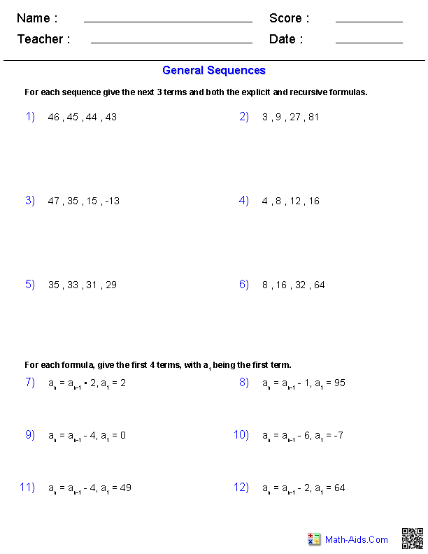 General Sequences Series Worksheets