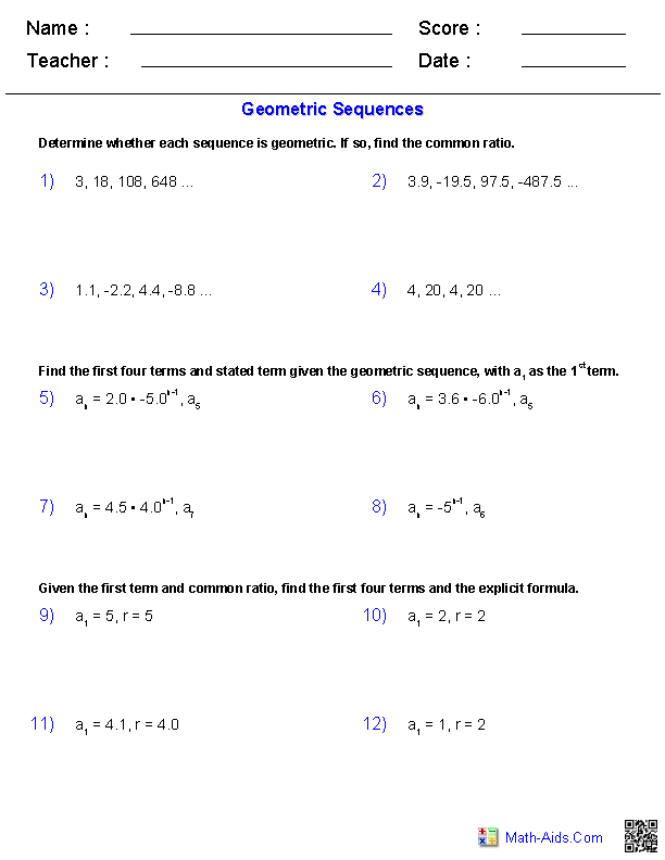 Geometric Sequences Series Worksheets