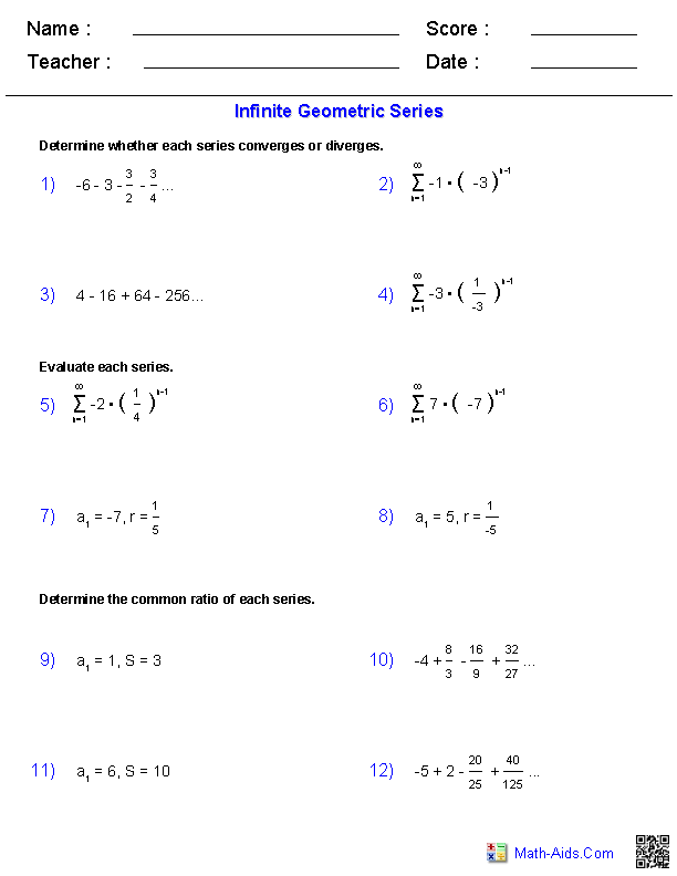 Infinite Geometric Series Series Worksheets