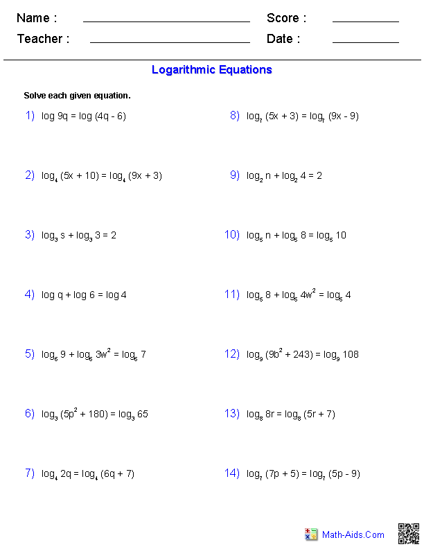 Algebra 2 Worksheets Exponential And Logarithmic Functions Worksheets