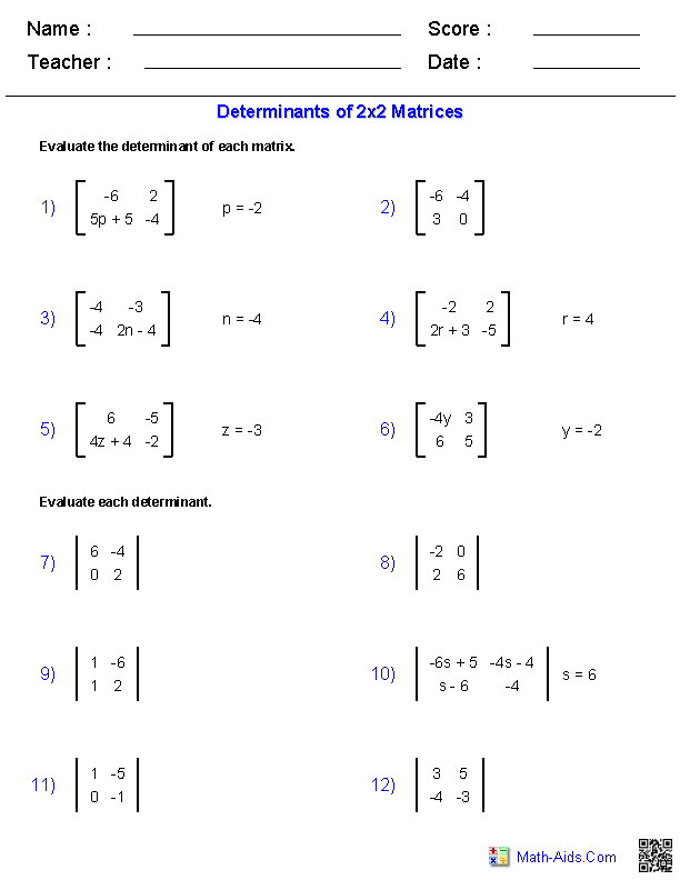 Determinants of 2x2's Matrices Worksheets