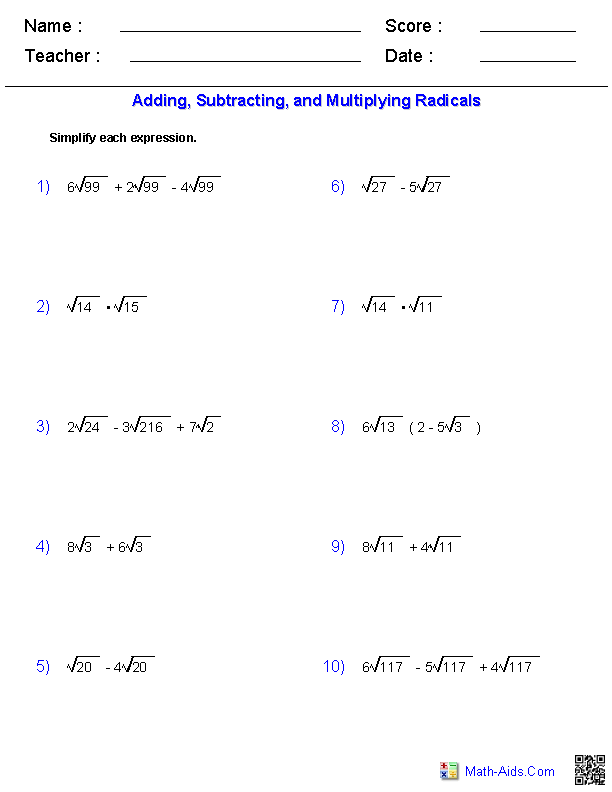 Operations with Radicals Radicals Worksheets