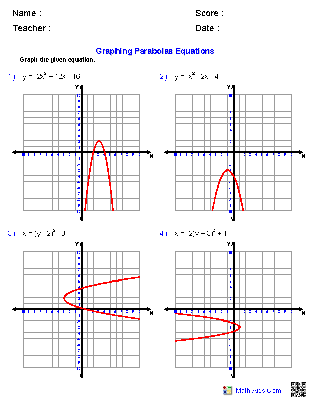 Graphing Equations of Parabolas Conic Sections Worksheets