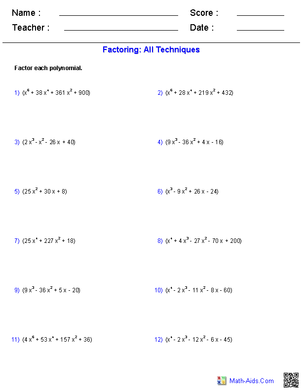 Factoring All Techniques Polynomials Worksheets