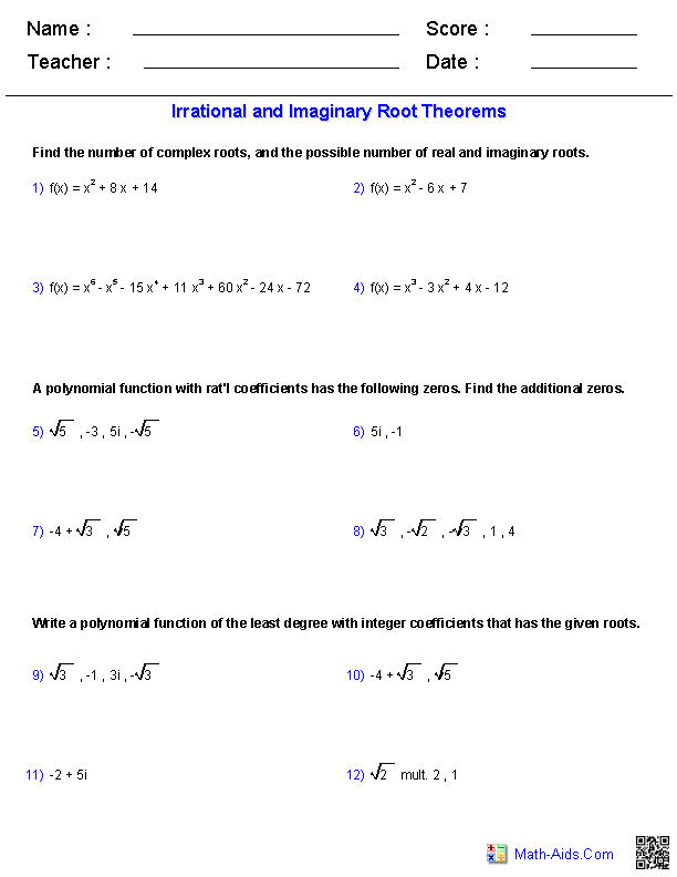 Irrational & Imaginary Roots Polynomials Worksheets