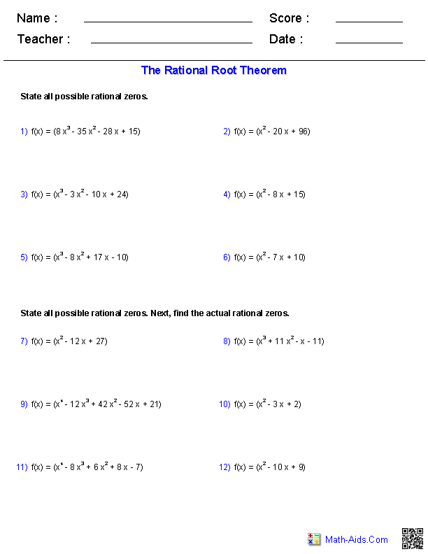 Rational Root Theorem Polynomials Worksheets