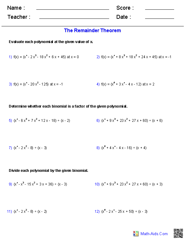 Remainder Theorem Polynomials Worksheets