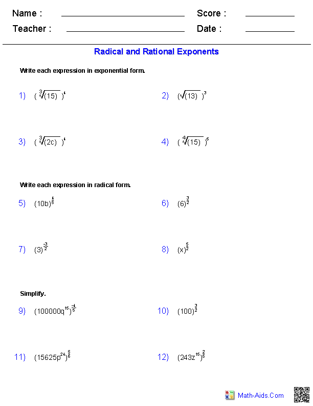 Radicals with Exponents Radicals Worksheets