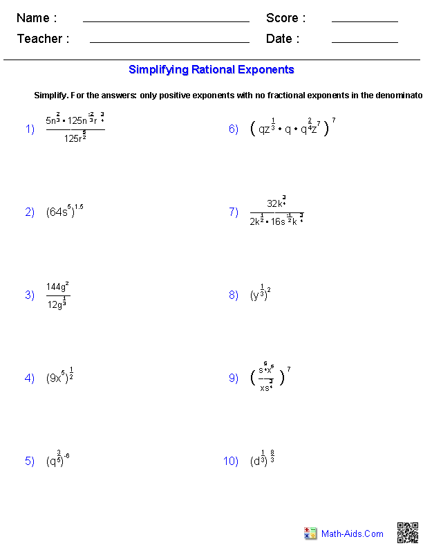 Simplifying Rational Exponents Radicals Worksheets
