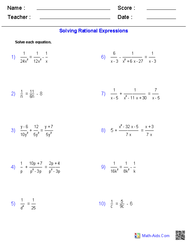 Rational Expressions Algebra 2 Worksheets