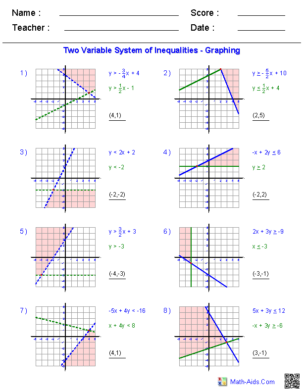 Solving Inequalities Graphically Systems of Equations Worksheets