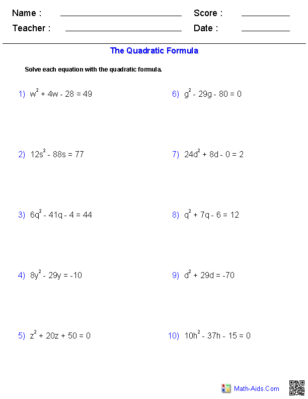 Solve by Quadratic Formula Quadratics Worksheets