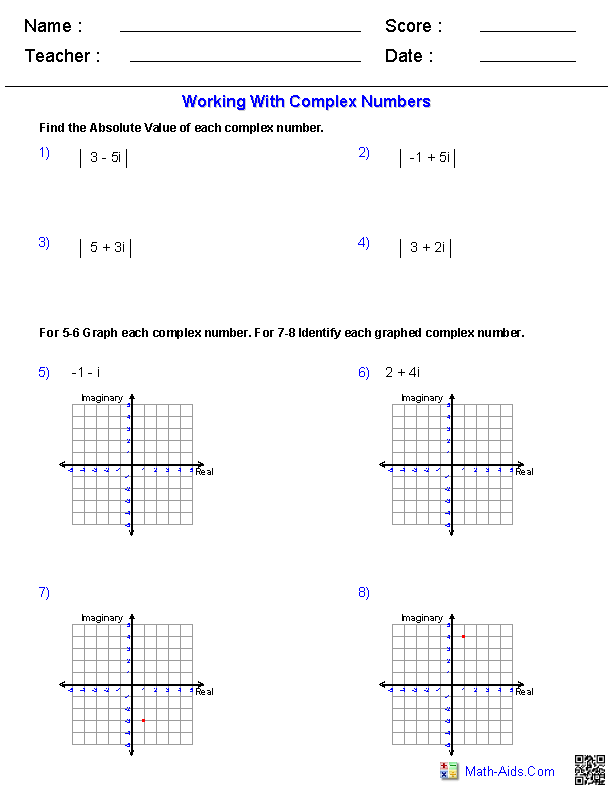 Complex Numbers Algebra 2 Worksheets