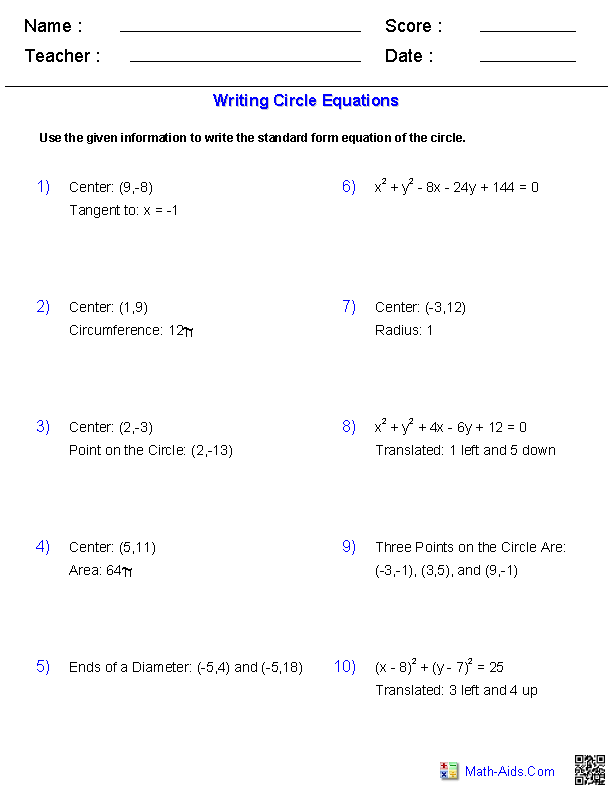 Writing Equations of Circles Conic Sections Worksheets
