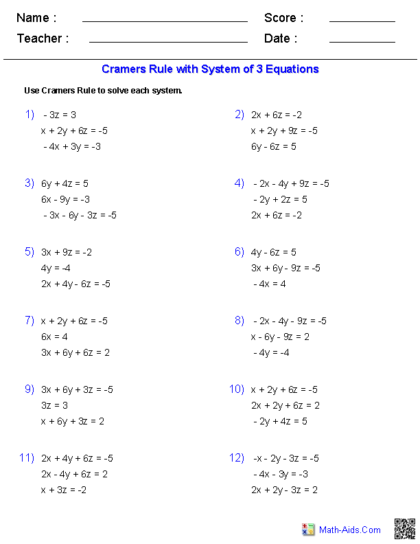 Cramer's Rule 3x3's Matrices Worksheets