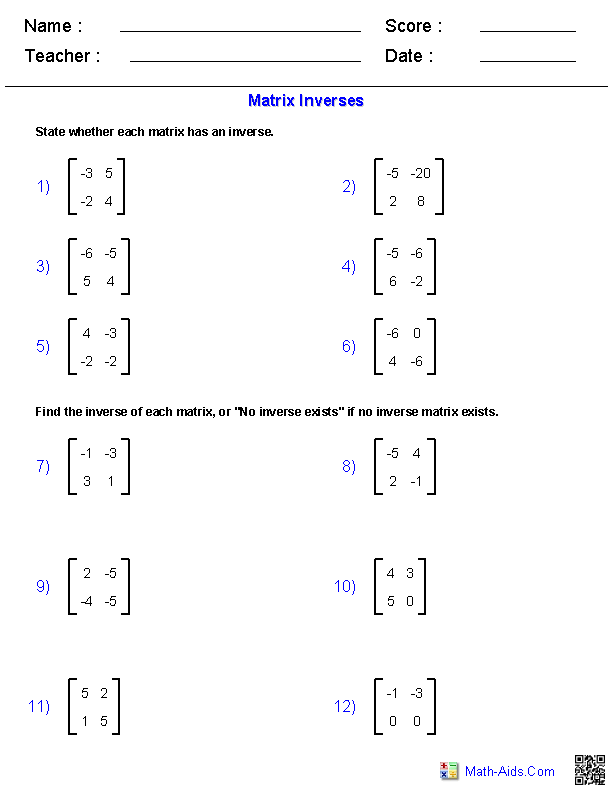Multiplication Of Matrices Worksheet Answers