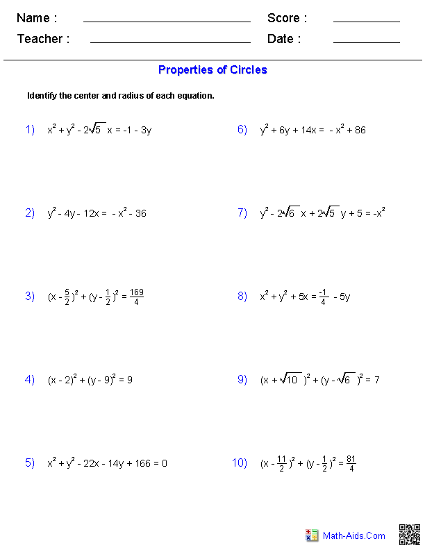 Properties of Circles Conic Sections Worksheets