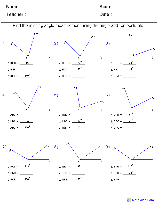 Angle Addition Postulate Worksheet Geometry