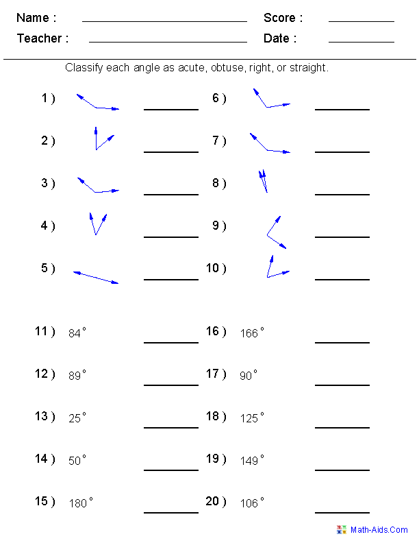 Angles Math Worksheets