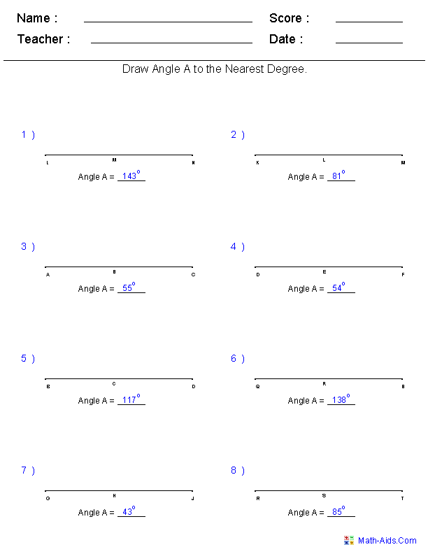 Drawing Angles Geometry Worksheets
