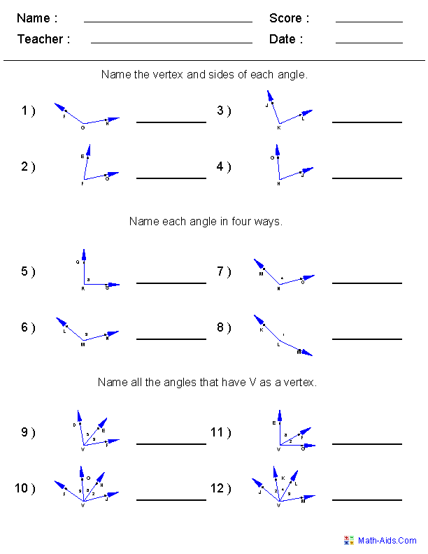 Naming Angles Geometry Worksheets