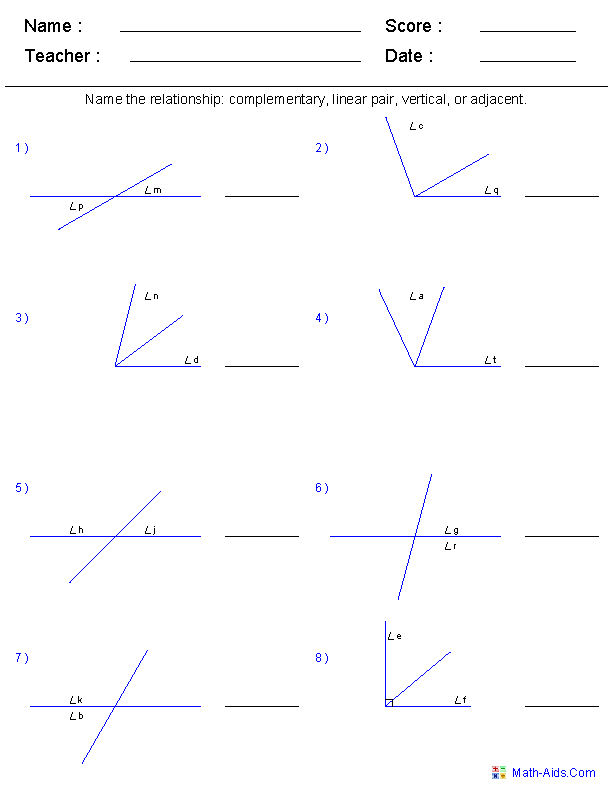Angle Pairs Test Recovery Worksheet by Lexie Teachers Pay Teachers