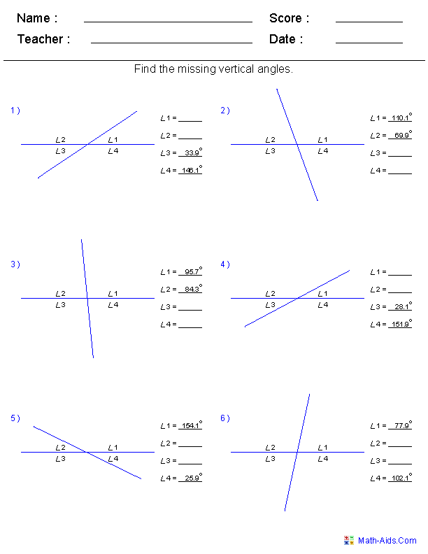 Find Vertical Angles Geometry Worksheets