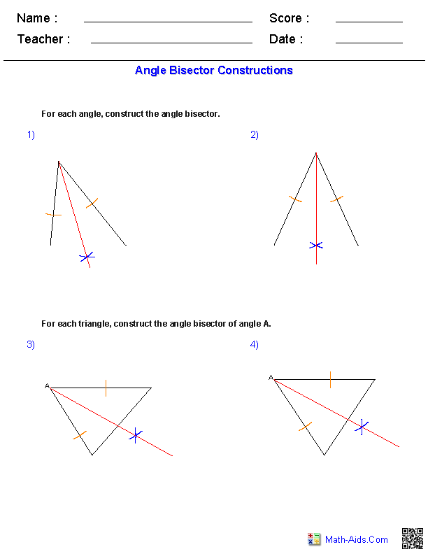 Angle Bisectors Geometry Worksheets