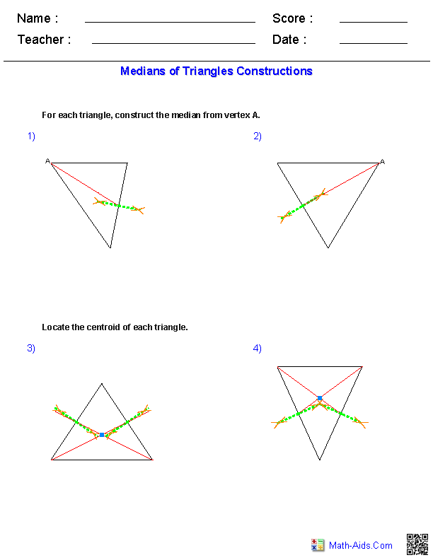 Triangle Medians Geometry Workhsheets