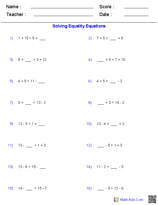 Equality Math Worksheets Grade 2