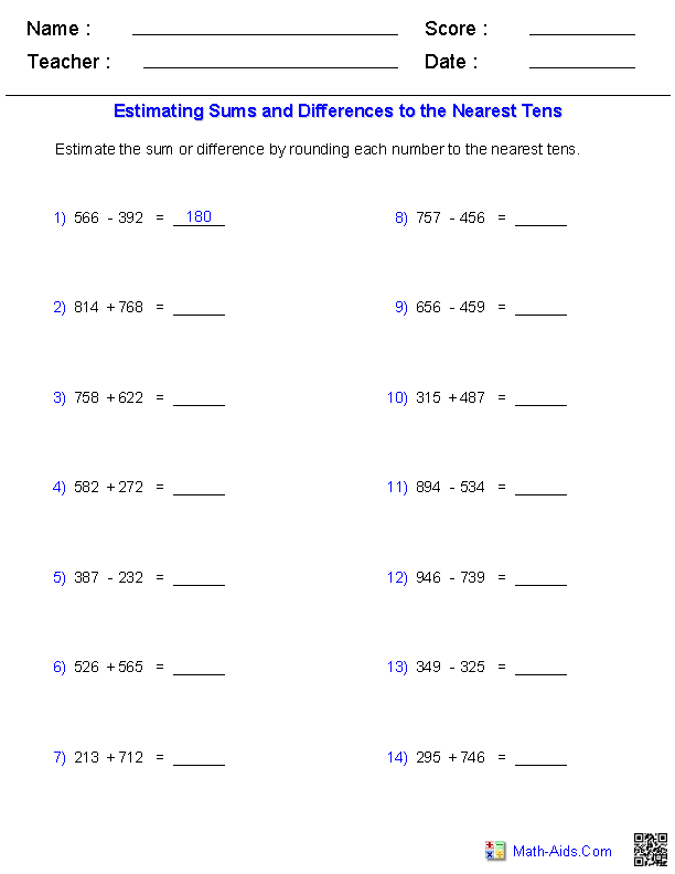 Sums and/or Differences 3 Digits Horizontal Format Worksheets
