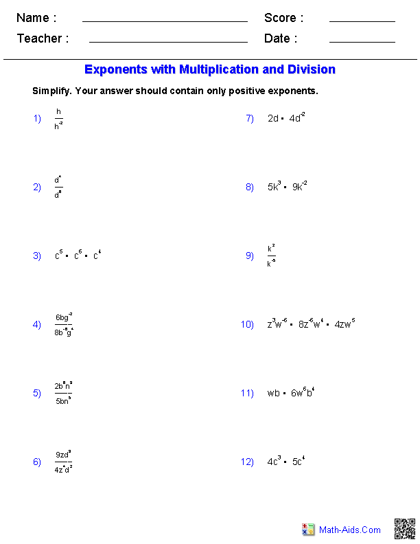 Exponents with Multiplication/Division Exponents & Radicals Worksheets