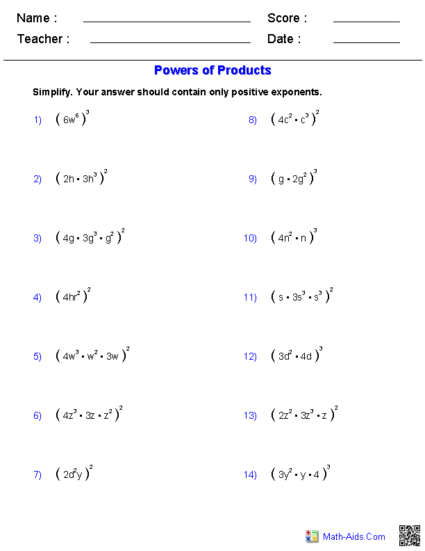 Powers of Products Exponents & Radicals Worksheets