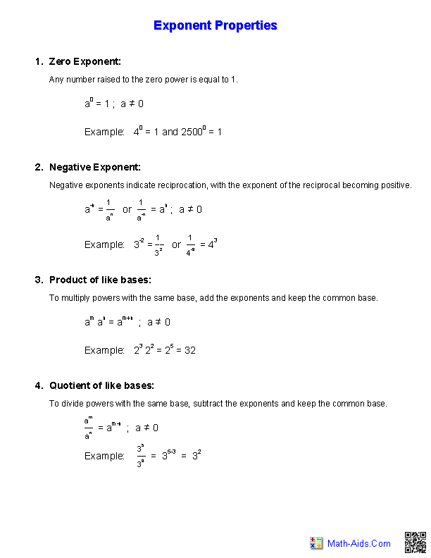 Exponents Properties Exponential Worksheets