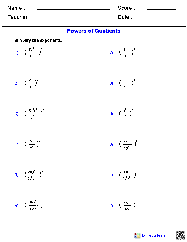 Powers of Quotients Exponents Worksheets